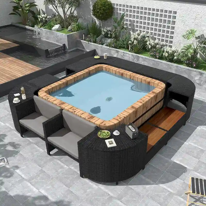 Spa-Umrandung, quadratisches Outdoor-Rattan-Ecksofa-Set mit Spa-Gestell