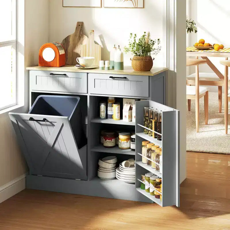 Meuble HOMCOM pour poubelle à ouverture basculante avec tiroirs, meuble de cuisine style campagne avec poubelle dissimulée