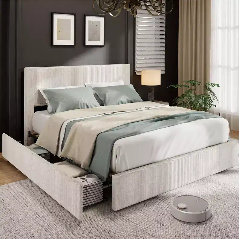 CuisinSmart-Bettrahmen aus Cord mit Kopfteil, gepolsterter Plattformbett-Rahmen mit 4 Schubladen und Lattenrost aus Holz