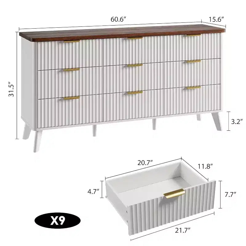 Commode met 9 gecanneleerde laden, moderne ladekast, houten commode-tv-meubel, gebogen ontwerp, voor de woonkamer of hal