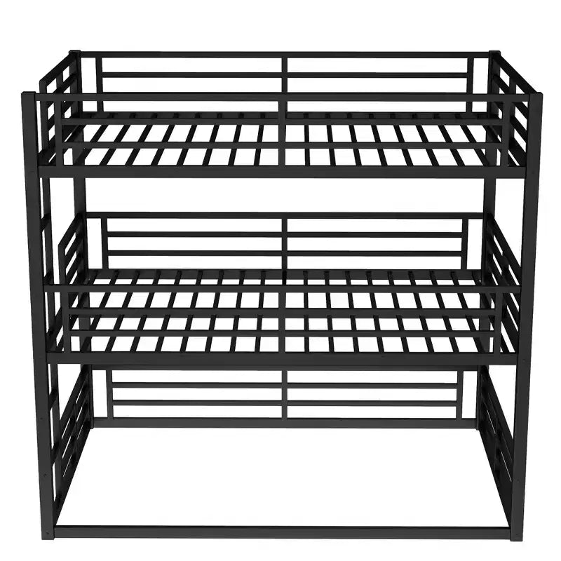 Etagenbett für drei Personen, Metall, mit Sicherheitsgittern, robustes Etagenbett mit geräuschreduziertem Design, Schwarz