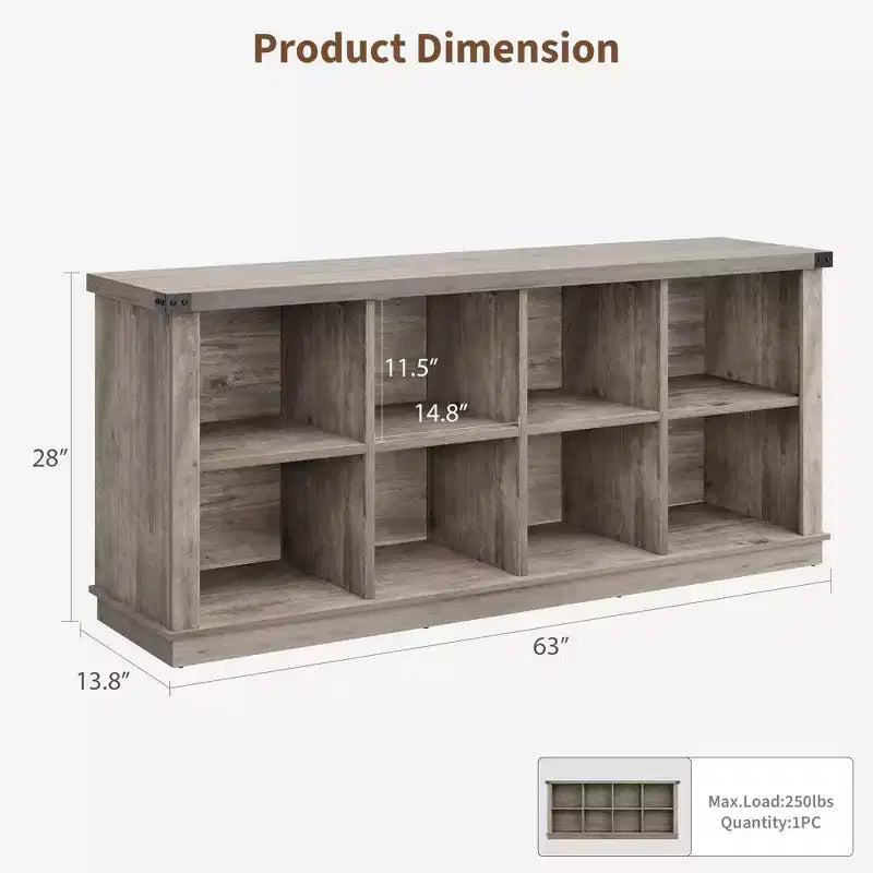 Bibliothèque de rangement à 8 casiers, style champêtre, modèle horizontal, bibliothèque en bois de 62 pouces pour entrée, longues bibliothèques basses pour salon