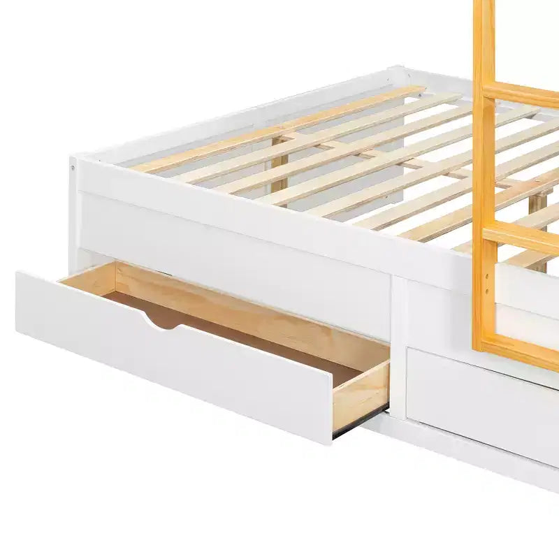 Stapelbed met twee tweepersoonsbedden, opbergkast en laden, houten stapelbed in tweepersoonsformaat met ruimtebesparend ontwerp en veiligheidsreling voor appartement en slaapkamer