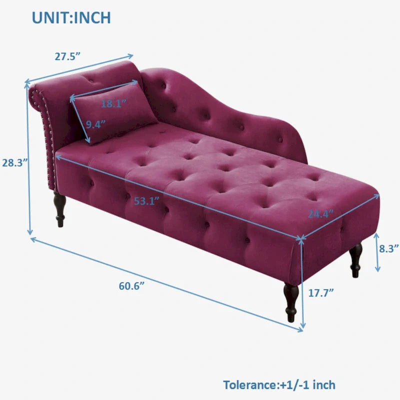 Moderne chaise longue van 60,6, bekleed met fluweel en voorzien van gecapitonneerde knopen, met poten van massief hout en sierspijkers