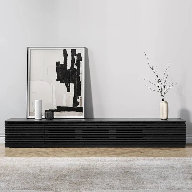 Minimalistische tv-kast met lades, mediameubel van massief hout met kasten, neerklapbare deur, walnootfineer, volledig gemonteerd