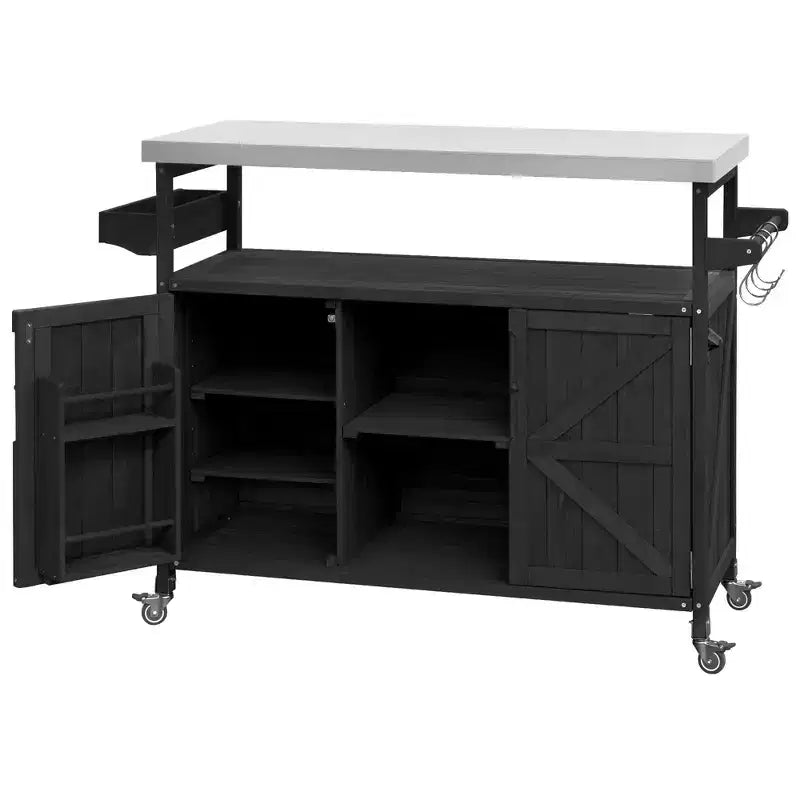 Îlot de cuisine d’extérieur Okak avec plateau en acier inoxydable, desserte de cuisine en bois avec portes, étagères et porte-épices, îlot de cuisine à roulettes