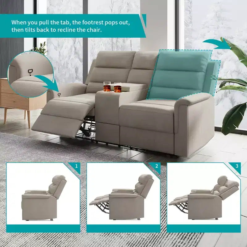 Beiges/graues Zweisitzer-Liegesofa aus Tech-Gewebe mit verstellbarer Rückenlehne und Fußstütze