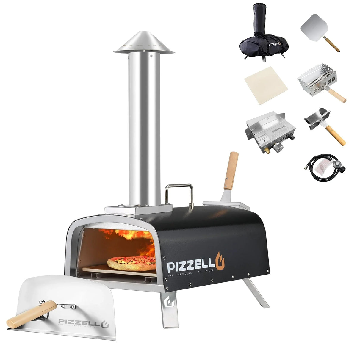 Multibrandstof-pizzaoven voor buiten, voor steenovenpizza, met gasbrander en houtbox - 12 inch
