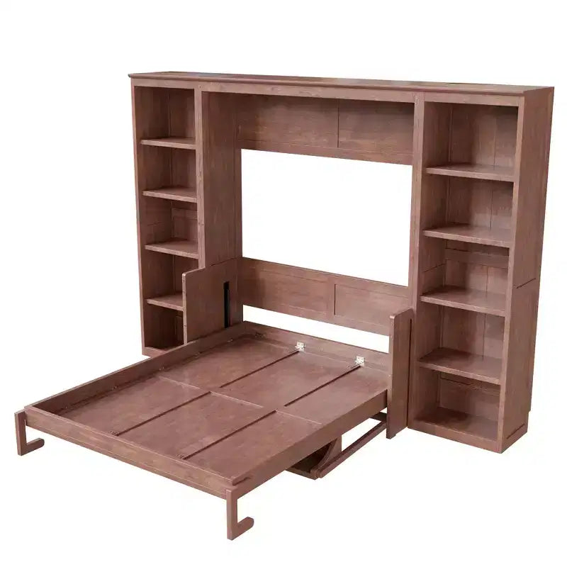 Murphy-Bett in Full-/Queen-Size, platzsparendes Wandbett mit Schreibtisch und Bücherregal, Dunkelbraun - ModernLuxe
