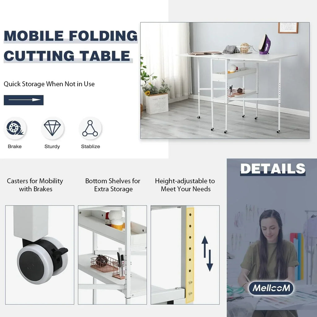 Table d’activités réglable en hauteur avec étagères de rangement, table de découpe pliante et mobile pour bureau à domicile, couture ou loisirs créatifs