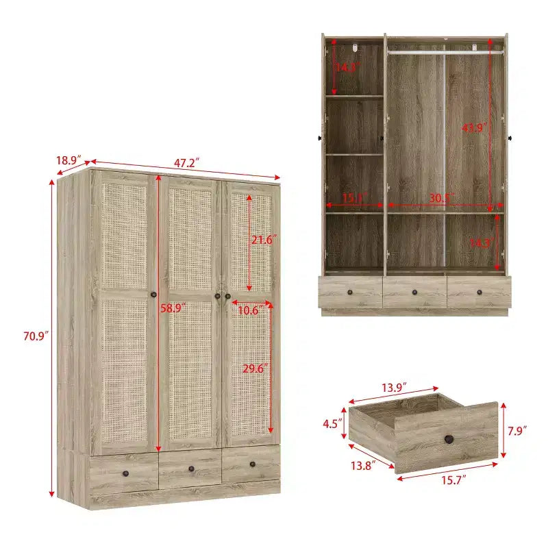 Famapy Rattan-Kleiderschrank mit 3 Schubladen und 3 atmungsaktiven Rattantüren, hoher Schrank im Landhausstil für das Schlafzimmer