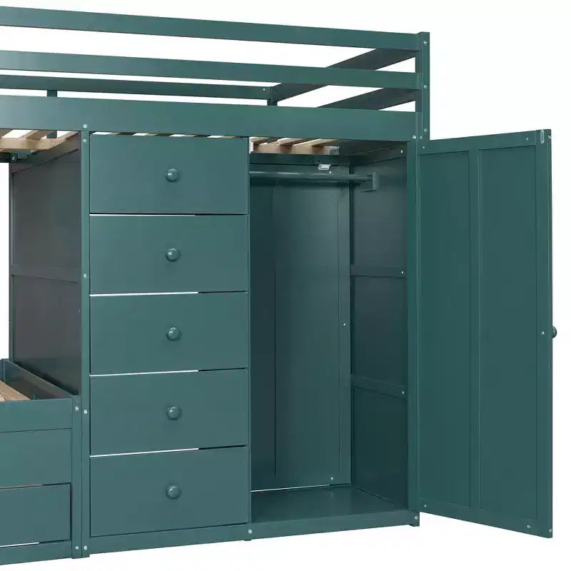 Stapelbed met twee tweepersoonsbedden, opbergkast en laden, houten stapelbed in tweepersoonsformaat met ruimtebesparend ontwerp en veiligheidsreling voor appartement en slaapkamer