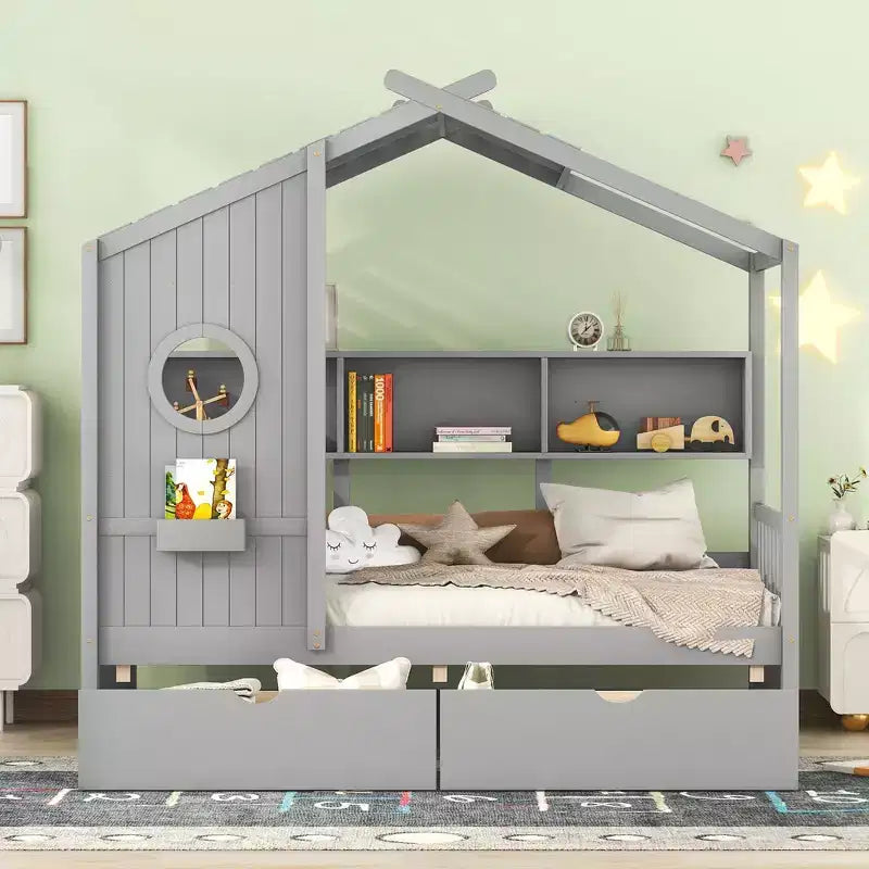 Lit cabane en bois format simple/double avec 2 tiroirs, lit pour enfant avec étagère de rangement - ModernLuxe