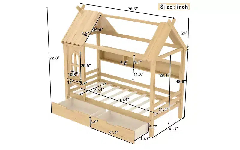 Hausbett mit Stauraumschubladen und Fenster, Massivholzrahmen mit Regalen, kindgerechtes verspieltes Design, hellweiß