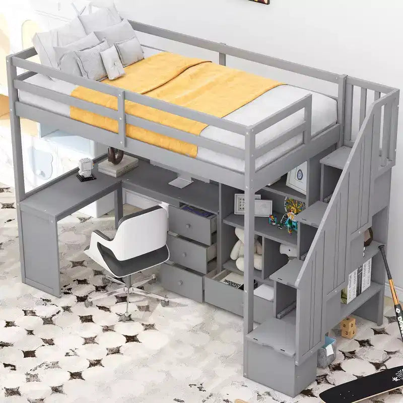 Hochbett in Einzelbettgröße mit L-förmigem Schreibtisch, 3 Schubladen, Schrank und Stauraum in der Treppe, Konstruktion aus massivem Kiefernholz/MDF
