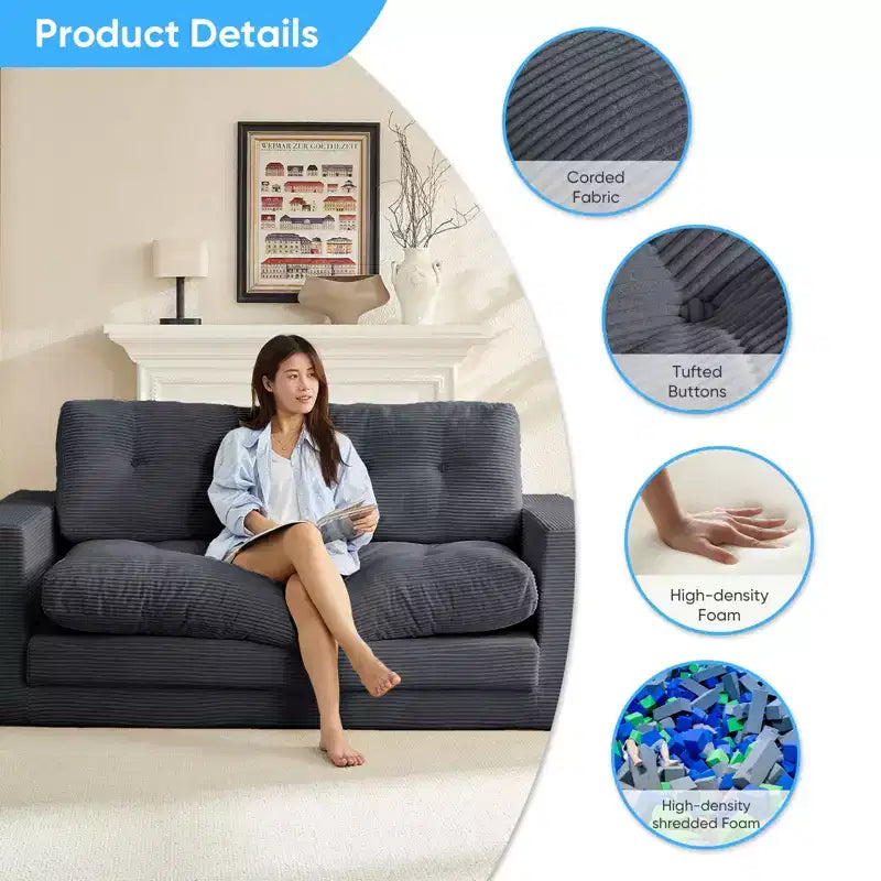Canapé-lit futon convertible 2-en-1 Mjkone de 71', en tissu côtelé, pliable et capitonné avec boutons, canapé-lit deux places gain de place
