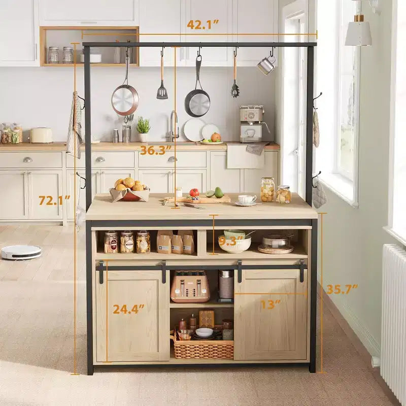 Kücheninsel, Bäckerregal mit Schiebetür im Scheunentor-Stil, großer 42' Küchentisch mit dreistöckigem Mikrowellenständer, Ofenregalen und Kaffeebar-Set