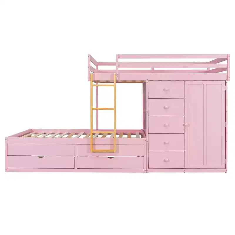 Stapelbed met twee tweepersoonsbedden, opbergkast en laden, houten stapelbed in tweepersoonsformaat met ruimtebesparend ontwerp en veiligheidsreling voor appartement en slaapkamer