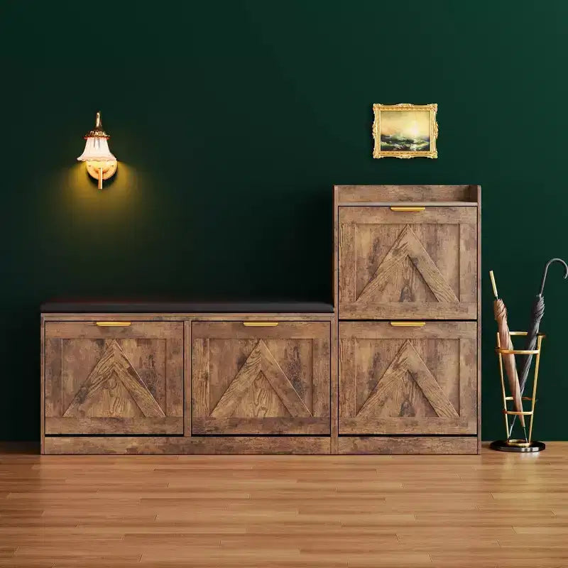 Meuble à chaussures style farmhouse avec banc, 4 tiroirs basculants pour l’entrée, organisateur de rangement avec assise rembourrée confortable, banc porte-chaussures autoportant