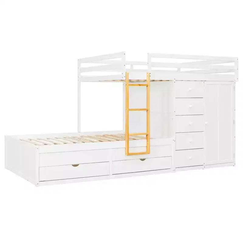 Stapelbed met twee tweepersoonsbedden, opbergkast en laden, houten stapelbed in tweepersoonsformaat met ruimtebesparend ontwerp en veiligheidsreling voor appartement en slaapkamer