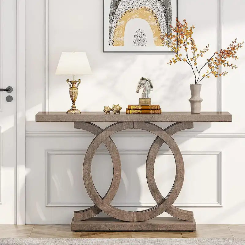 Vintage consoletafel met geometrisch onderstel, houten haltafel