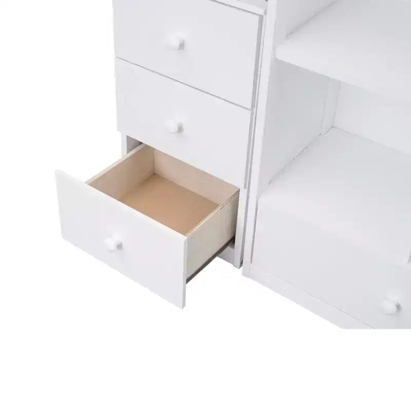 Hochbett in Einzelbettgröße mit L-förmigem Schreibtisch, 3 Schubladen, Schrank und Stauraum in der Treppe, Konstruktion aus massivem Kiefernholz/MDF