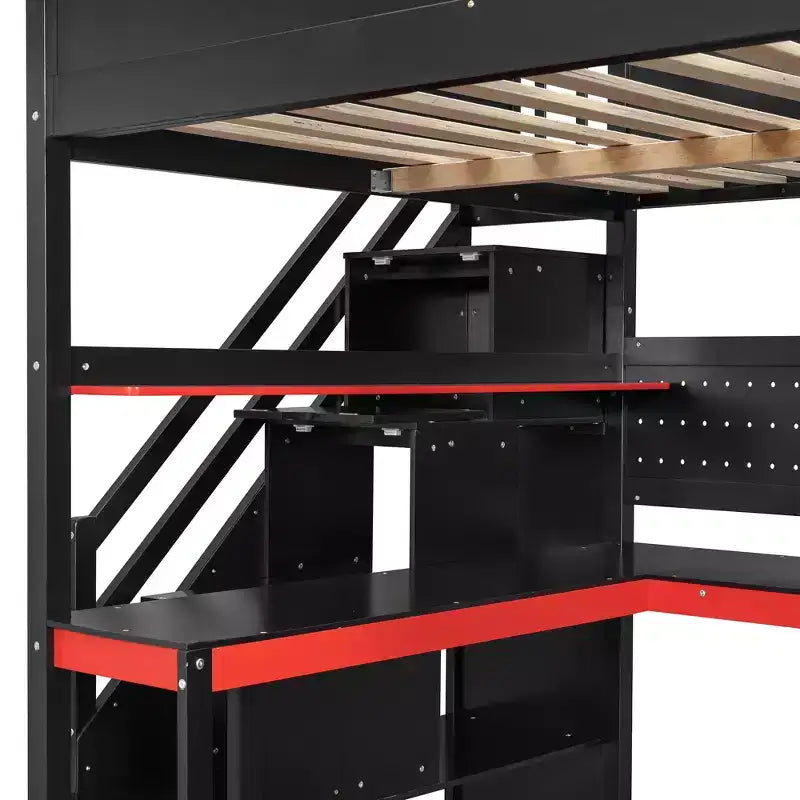 GDFStudio Scott Gaming-Hochbett aus Holz mit Aufbewahrungstreppen, Schreibtisch, Regalen und Lochwand
