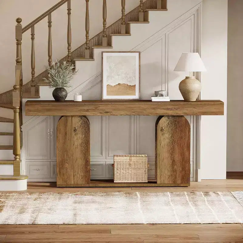 Table console de ferme extra-longue Lantine de 70.9 pouces avec étagère de rangement en bois à 2 niveaux, pour couloir, salon et entrée, brun vintage.
