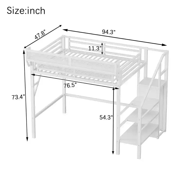 Okak Hochbett für Einzelbettmatratze mit Kleiderschrank, 94 Zoll, mit Ablagefächern und Korb, Bettgestell für Schlafzimmer und Wohnheim