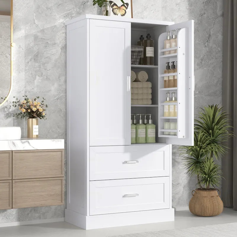 Hoher Badezimmerschrank mit zwei Türen und Schubladen, verstellbarem Einlegeboden und MDF-Platte