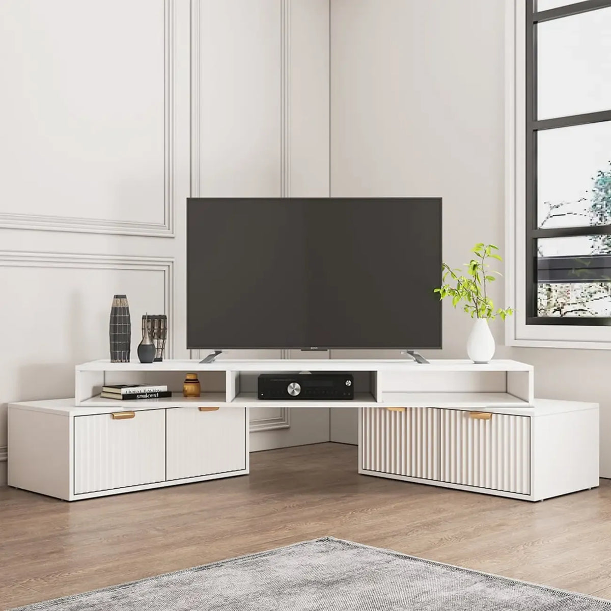 Moderner weißer Eck-TV-Ständer mit 2 Schubladen und offenem Stauraum