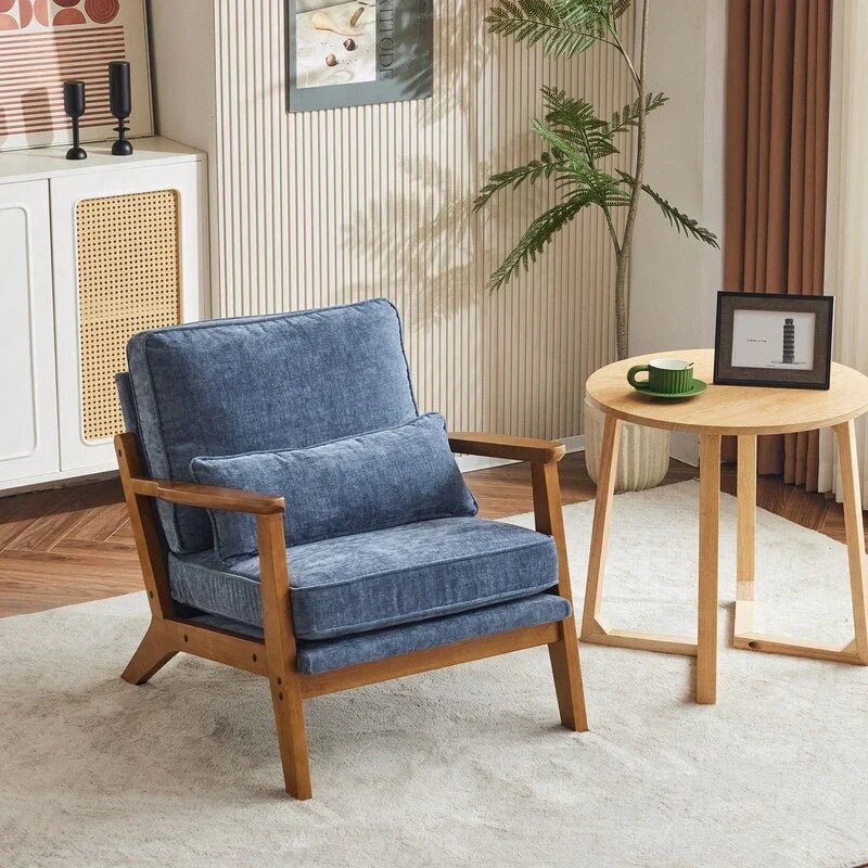 Upholstered Linen Blend Accent Chair with Wooden Legs and One Pillow Beige