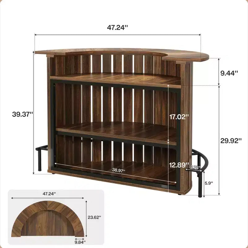 4-stufiger Mini-Bartisch mit Rundbogenform, moderner, rustikaler Hausbarschränk mit Fußstütze und MDF-Konstruktion
