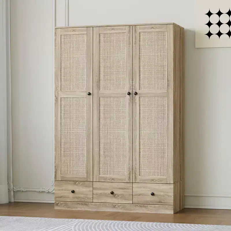Famapy Rattan-Kleiderschrank mit 3 Schubladen und 3 atmungsaktiven Rattantüren, hoher Schrank im Landhausstil für das Schlafzimmer