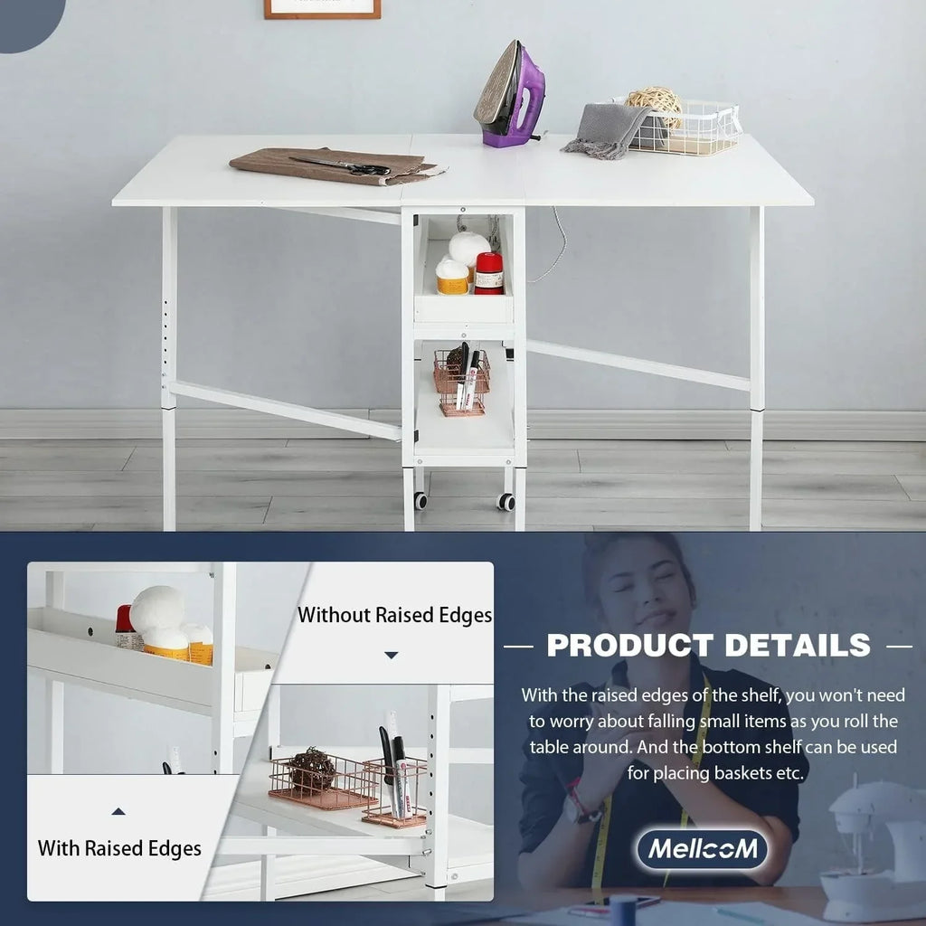 Table d’activités réglable en hauteur avec étagères de rangement, table de découpe pliante et mobile pour bureau à domicile, couture ou loisirs créatifs