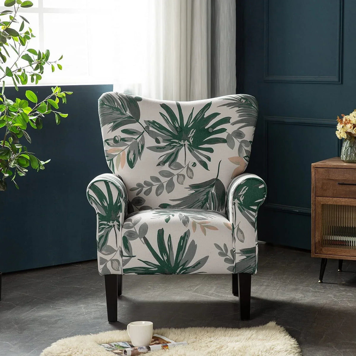 Fauteuil d’appoint moderne Erommy à dossier haut, fauteuil une place en tissu rembourré avec boutons et pieds en bois, pour salon