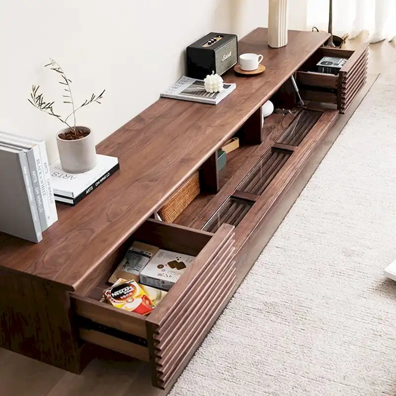Minimalistische tv-kast met lades, mediameubel van massief hout met kasten, neerklapbare deur, walnootfineer, volledig gemonteerd