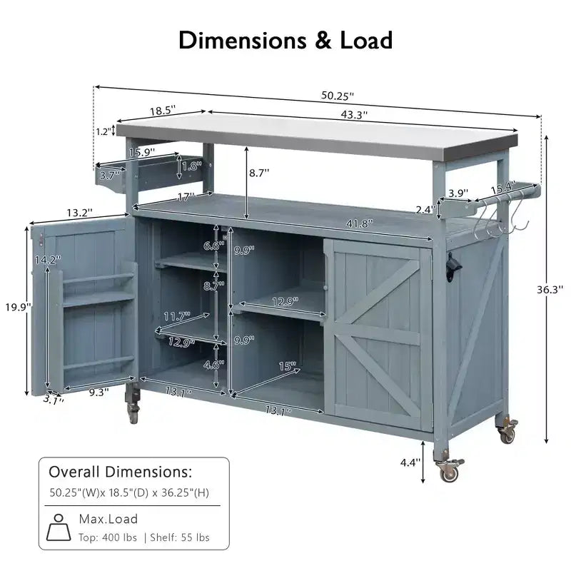 Îlot de cuisine d’extérieur Okak avec plateau en acier inoxydable, desserte de cuisine en bois avec portes, étagères et porte-épices, îlot de cuisine à roulettes