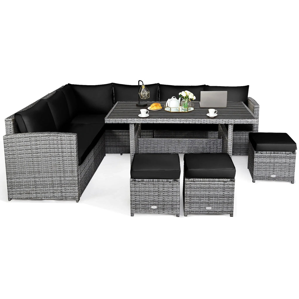 Costway, ensemble de salle à manger de jardin en rotin de 7 pièces avec canapé d’angle et repose-pieds - Voir les détails