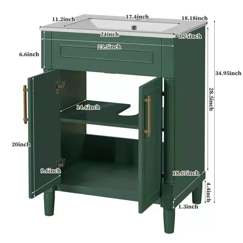Badkamermeubel van 24 met keramische wastafel, kast in shakerstijl, 2 softclosedeuren en massiefhouten frame, voor een kleine badkamer of toiletruimte