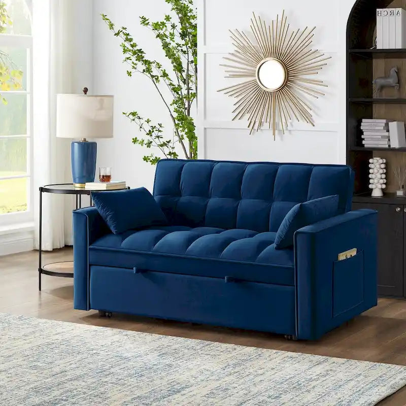4-in-1-Zweisitzer-Schlafsofa mit Armlehnen und Aufbewahrungstaschen, multifunktionales, getuftetes Ausziehsofa mit verstellbarer Rückenlehne