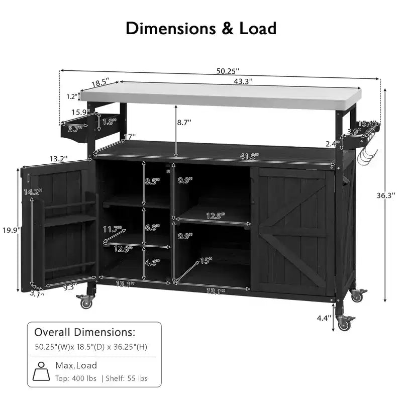 Îlot de cuisine d’extérieur Okak avec plateau en acier inoxydable, desserte de cuisine en bois avec portes, étagères et porte-épices, îlot de cuisine à roulettes