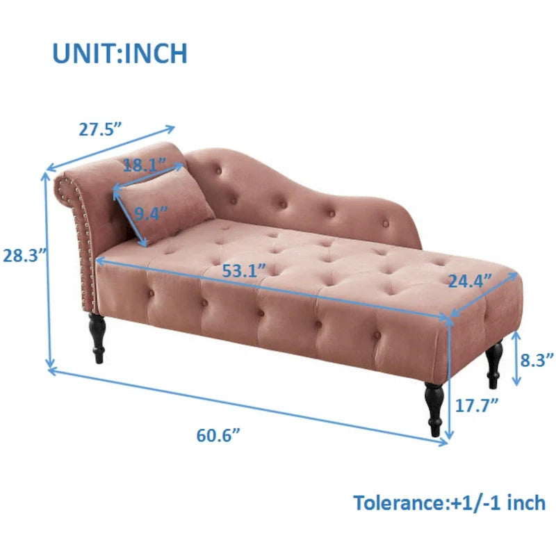 Moderne chaise longue van 60,6, bekleed met fluweel en voorzien van gecapitonneerde knopen, met poten van massief hout en sierspijkers