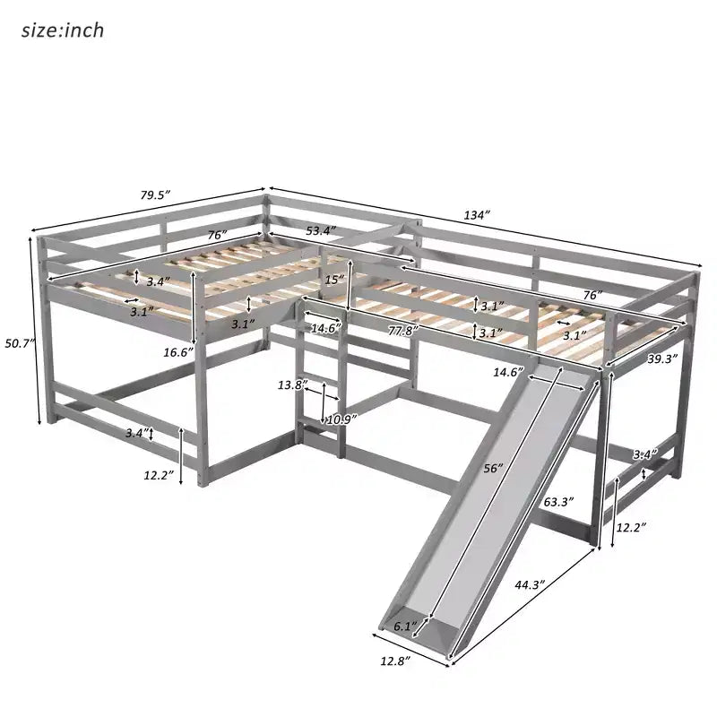 L-vormig stapelbed voor 4 kinderen, stapelbed voor vier met glijbaan, eenpersoonsbed en tweepersoonsbed, houten frame voor slaapkamer of studentenhuis