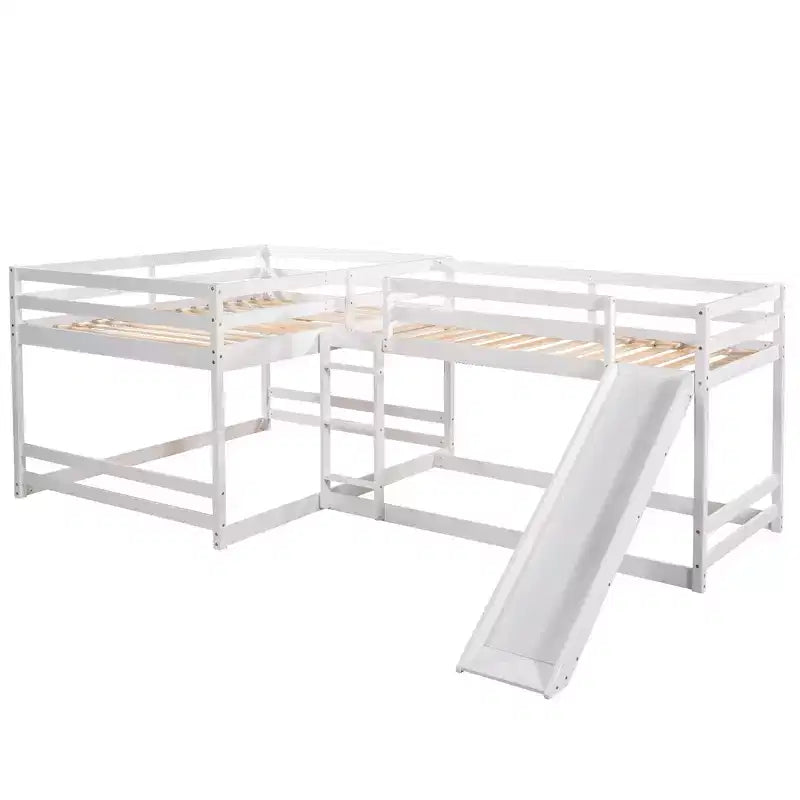 L-vormig stapelbed voor 4 kinderen, stapelbed voor vier met glijbaan, eenpersoonsbed en tweepersoonsbed, houten frame voor slaapkamer of studentenhuis