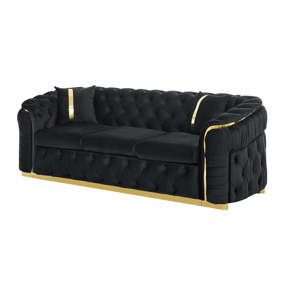 90.6 Velvet 3-Seater Sofa with 2 Pillows High-Density Cushions, Gold Accents, and Pillows
