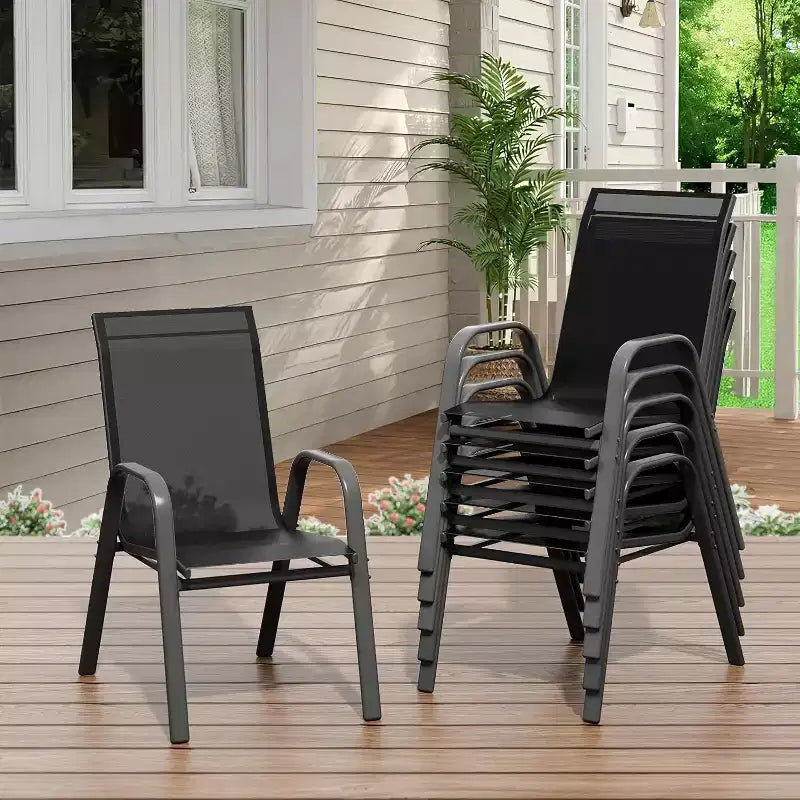 Terrasstoelen, stapelbare buiteneetkamerstoelen set van 4/6, lichtgewicht Textilene-stoelensets voor buiten voor alle weersomstandigheden, met armleuningen voor de achtertuin en het zwembadterras