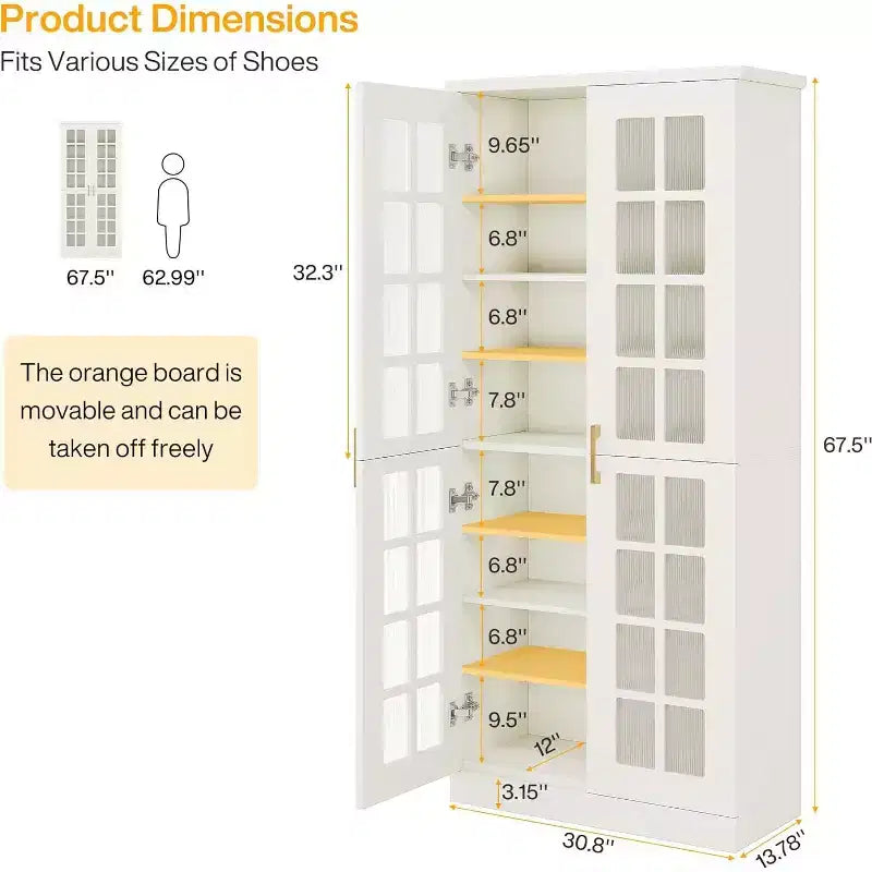 Hoge schoenenkast van Lantine met deuren, schoenenopbergruimte met 8 niveaus en verstelbare planken, moderne schoenenkast voor hal, kledingkast of woonkamer, wit