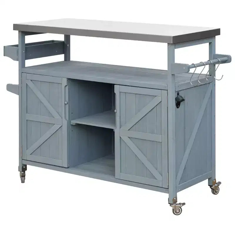 Îlot de cuisine d’extérieur Okak avec plateau en acier inoxydable, desserte de cuisine en bois avec portes, étagères et porte-épices, îlot de cuisine à roulettes
