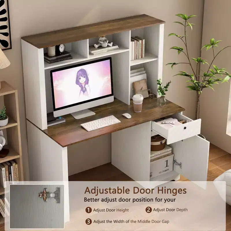 Moderne computerbureau van 51.18IN met opzetkast en boekenplank, bureau met veel opbergruimte, schrijftafel voor studeerkamer en leesruimte